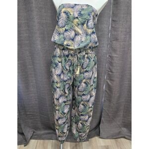 Blue Island Jumpsuit Romper Strapless Palm Leaf Navy Blue Pink Gold Green Lg